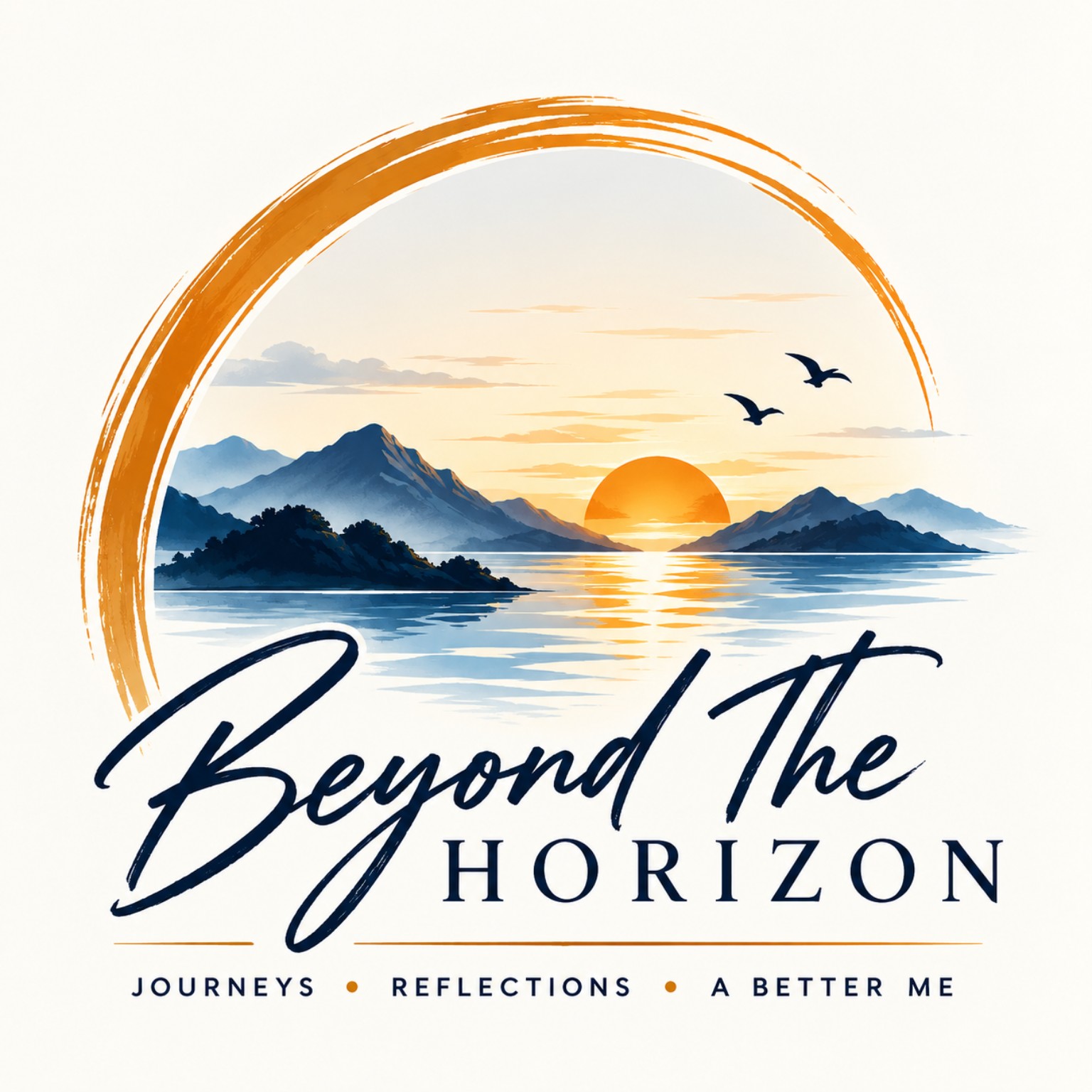Beyond The Horizon logo with sunrise, mountains, water and the words Journeys, Reflections, A Better Me