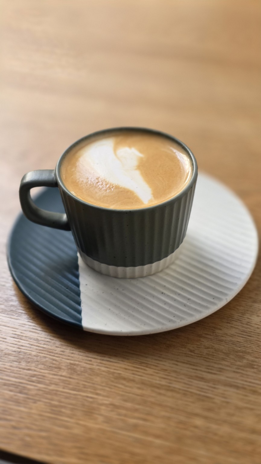 Oat milk and sea salt latte in a grey mug at a café in Penang