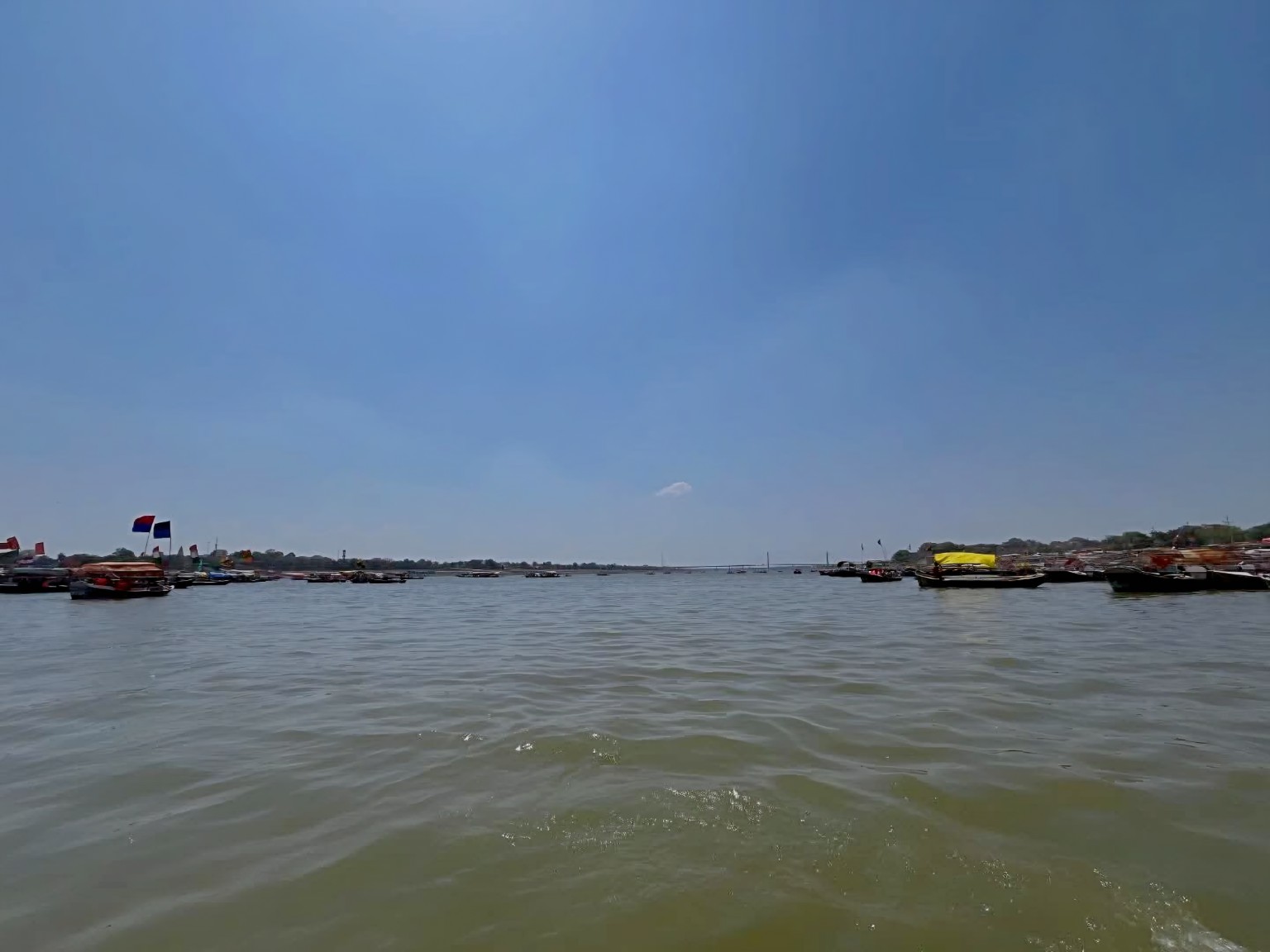 Wide river view with boats at Triveni Sangam in Prayagraj