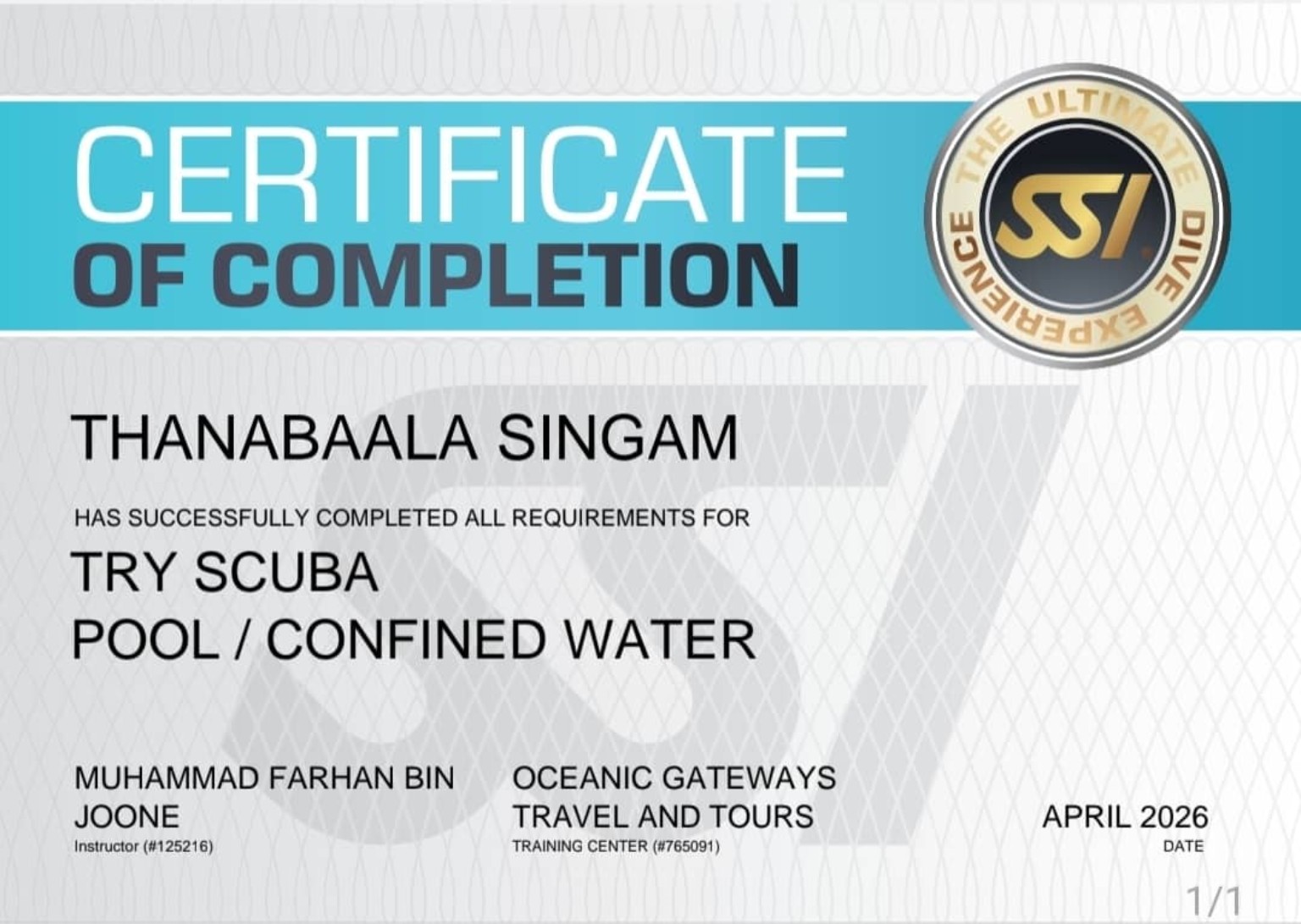 Thana’s SSI Try Scuba pool and confined water completion certificate.