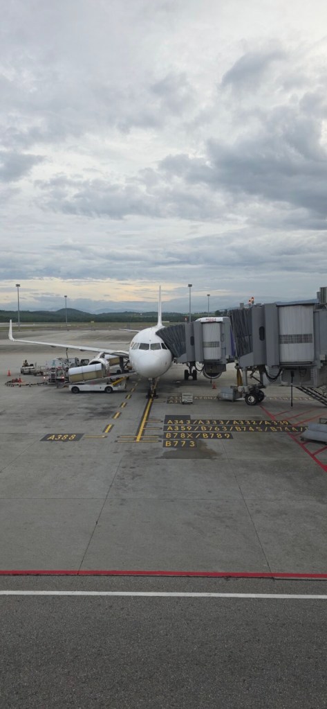 A passenger plane parked beside a jet bridge beneath cloudy skies