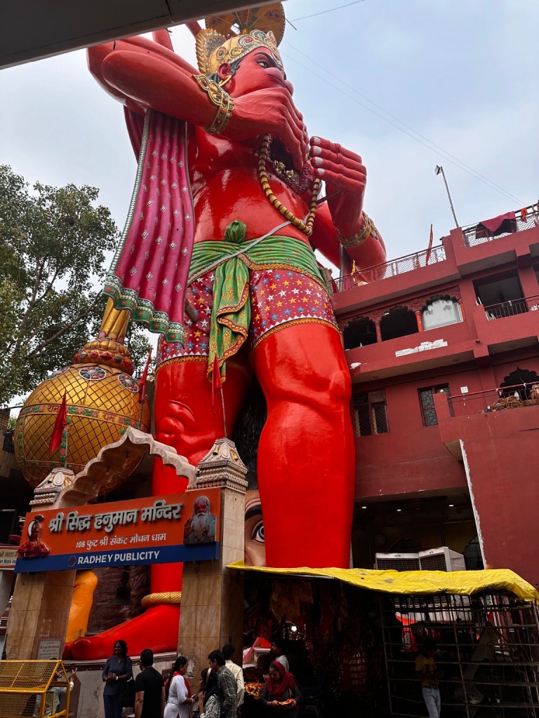Giant red Hanuman statue at Shri Siddh Hanuman Mandir in Delhi